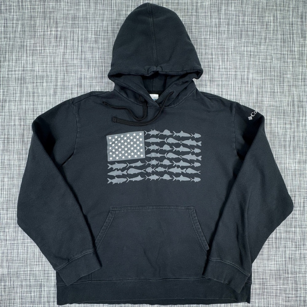 Columbia Mens PFG Hoodie Fish Flag Graphic Pullover Sweatshirt Black XL Gorpcore